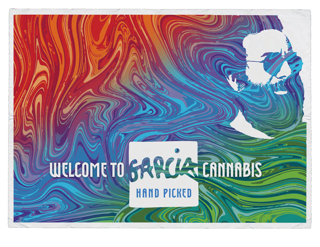 Garcia Hand Picked artwork showing swirled rainbow colors as Jerry Garcia’s hair