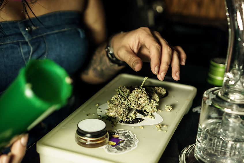 A woman putting marijuana on a table.