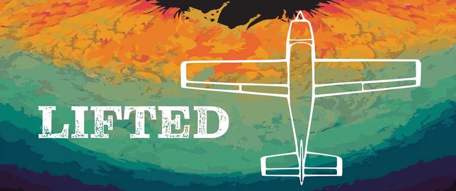 text: "lifted" with a drawing of an airplane on a background of black, green, and orange